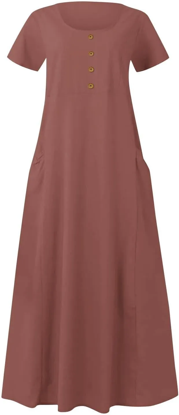 Womens Cotton Linen Dresses 2025 Summer Dressy Casual Short Sleeve Maxi Dresses Trendy Summer Vacation Outifts