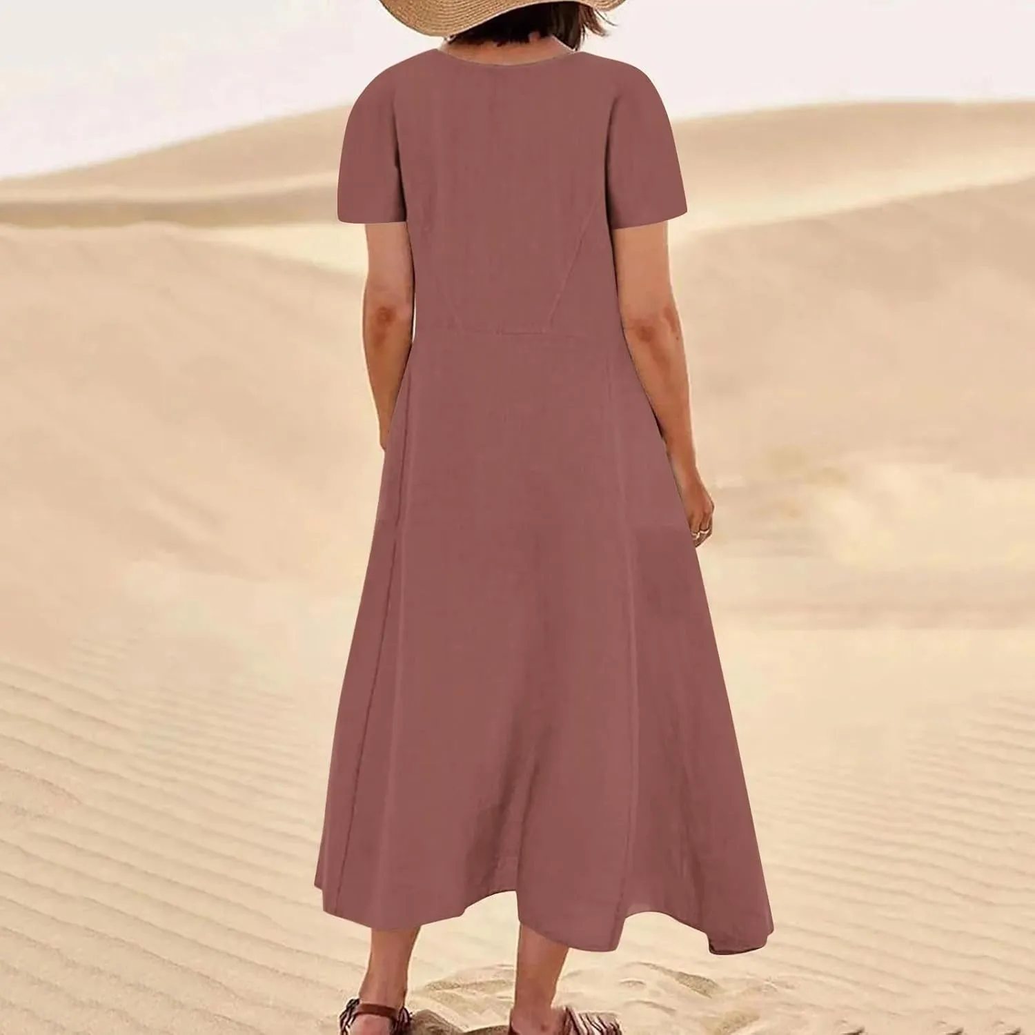 Womens Cotton Linen Dresses 2025 Summer Dressy Casual Short Sleeve Maxi Dresses Trendy Summer Vacation Outifts