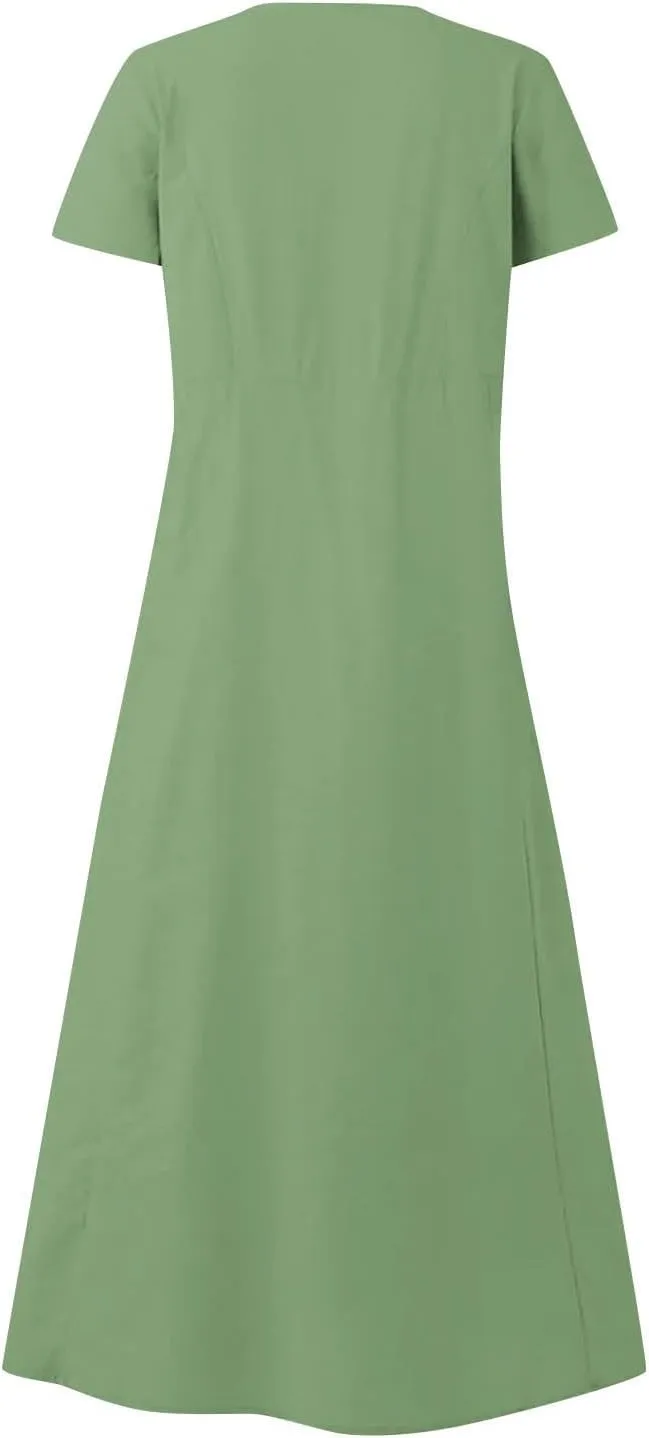 Womens Cotton Linen Dresses 2025 Summer Dressy Casual Short Sleeve Maxi Dresses Trendy Summer Vacation Outifts