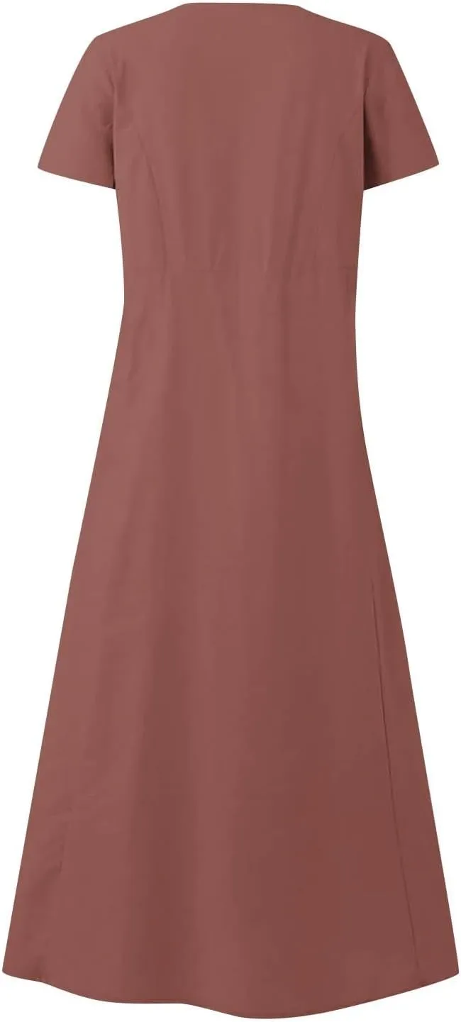 Womens Cotton Linen Dresses 2025 Summer Dressy Casual Short Sleeve Maxi Dresses Trendy Summer Vacation Outifts