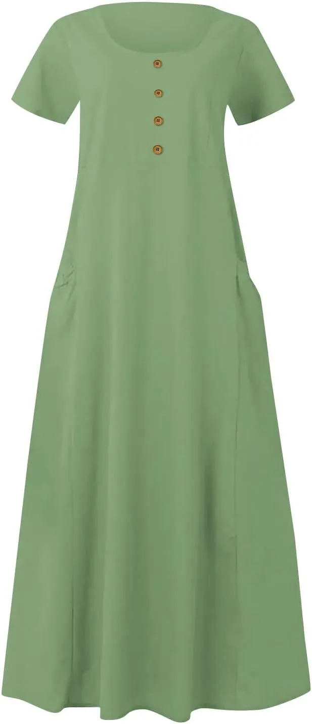 Womens Cotton Linen Dresses 2025 Summer Dressy Casual Short Sleeve Maxi Dresses Trendy Summer Vacation Outifts