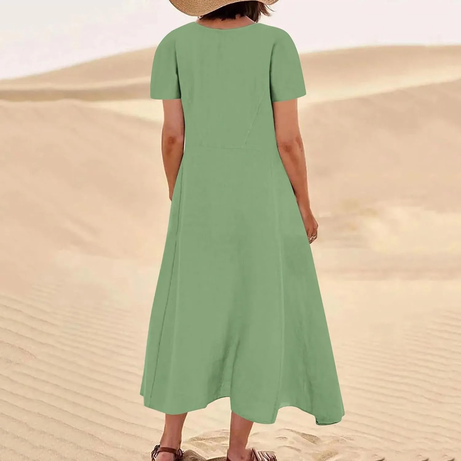 Womens Cotton Linen Dresses 2025 Summer Dressy Casual Short Sleeve Maxi Dresses Trendy Summer Vacation Outifts