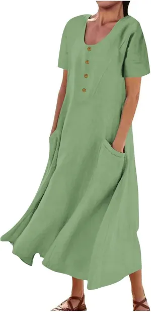 Womens Cotton Linen Dresses 2025 Summer Dressy Casual Short Sleeve Maxi Dresses Trendy Summer Vacation Outifts