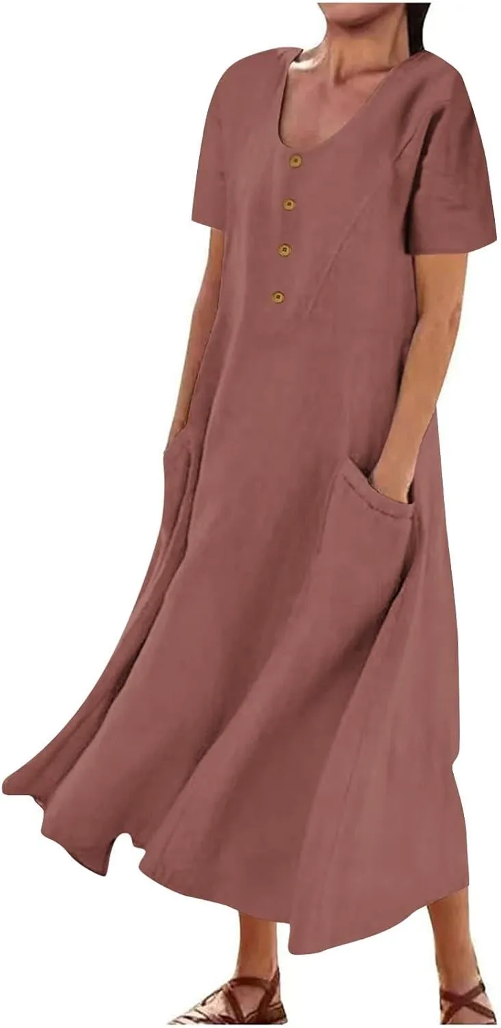 Womens Cotton Linen Dresses 2025 Summer Dressy Casual Short Sleeve Maxi Dresses Trendy Summer Vacation Outifts