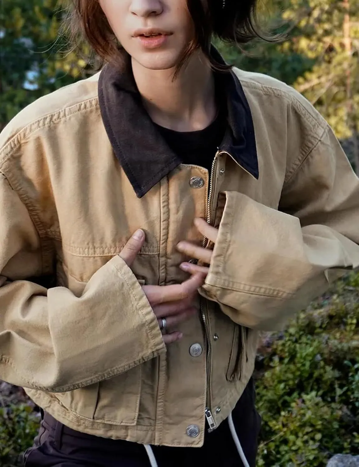 Womens Cropped Jacket Contrast Collar Utility Coat Cargo Jacket Barn Jacket Outwear with Pockets