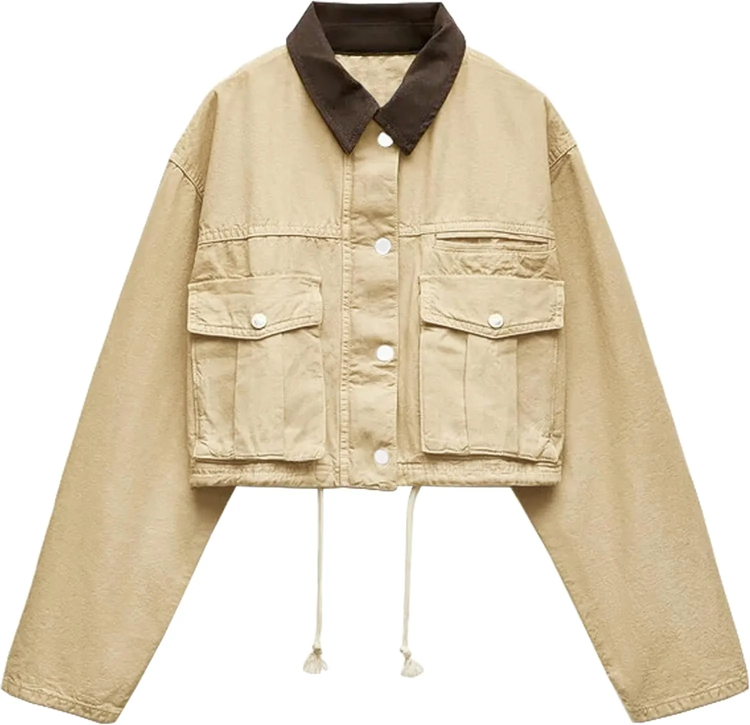 Womens Cropped Jacket Contrast Collar Utility Coat Cargo Jacket Barn Jacket Outwear with Pockets