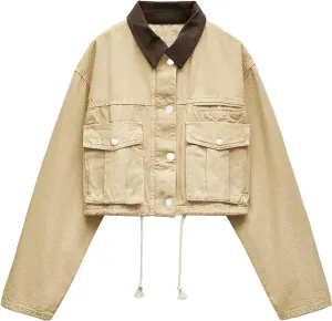 Womens Cropped Jacket Contrast Collar Utility Coat Cargo Jacket Barn Jacket Outwear with Pockets