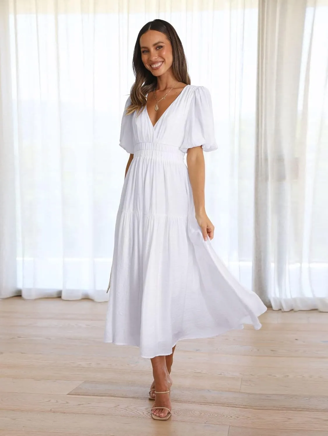 Women's Deep V-Neck Puff Short Sleeve Tiered Maxi Dress Flowy A Line Midi Dresses