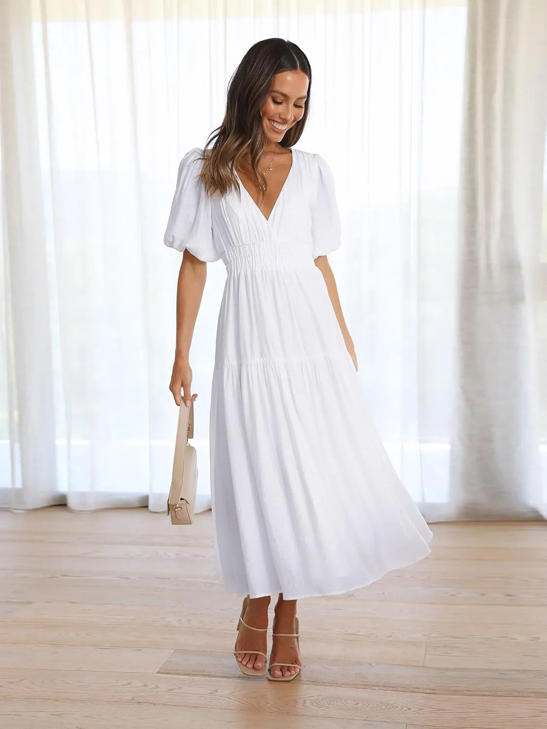 Women's Deep V-Neck Puff Short Sleeve Tiered Maxi Dress Flowy A Line Midi Dresses