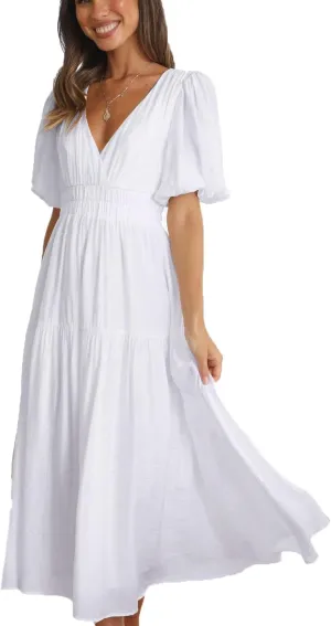 Women's Deep V-Neck Puff Short Sleeve Tiered Maxi Dress Flowy A Line Midi Dresses