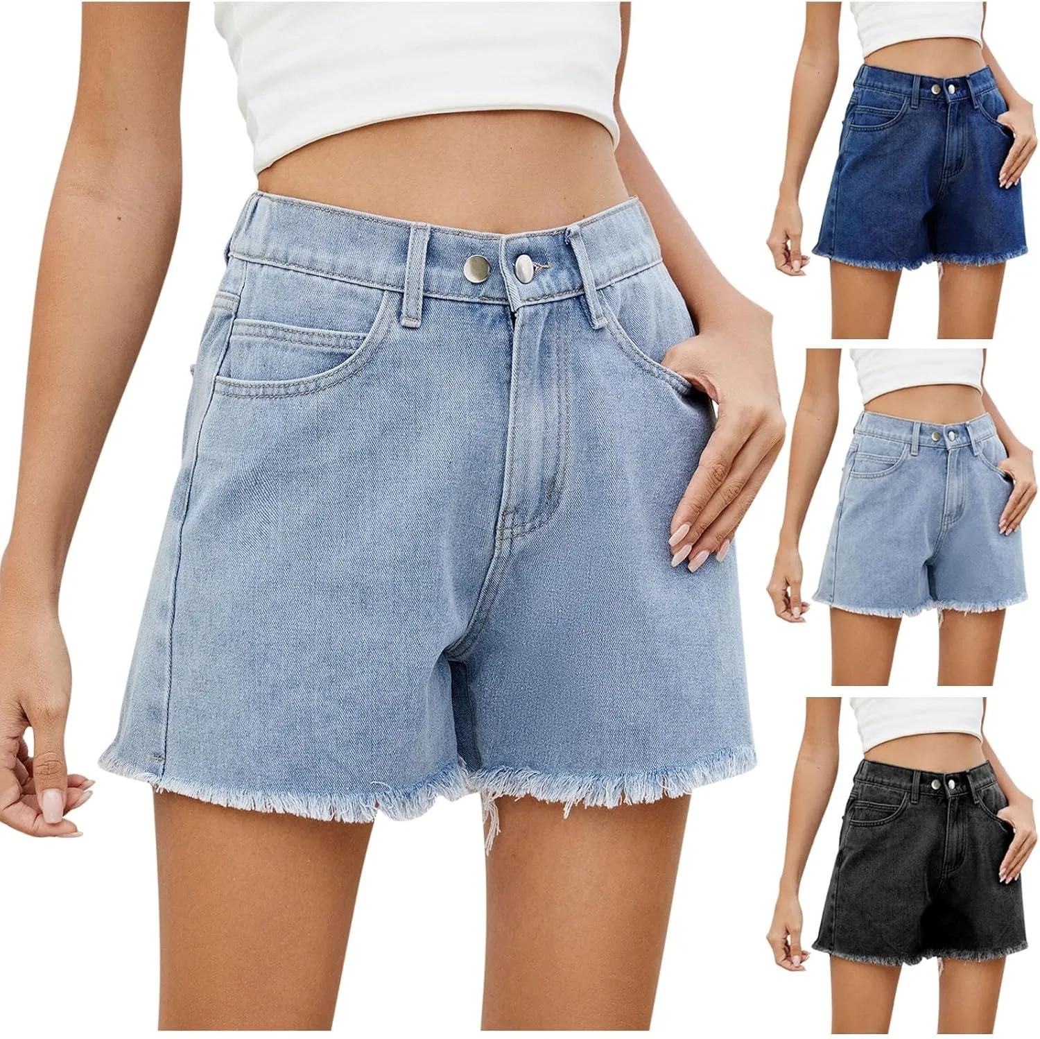 Womens Denim Shorts Summer Trendy Distressed Cut Off Shorts Stretchy High Waisted Ripped Jean Shorts with Pockets