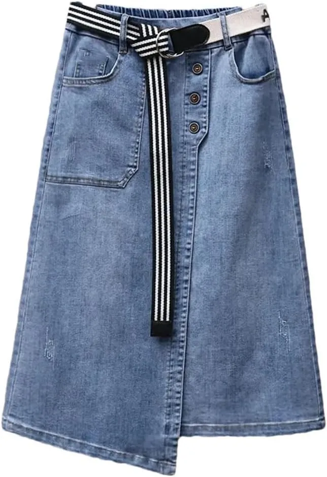 Women's Denim Skirts High-Waisted Jeans Skirts Streetwear Sexy Sheath Skirts Belt Split Retro Skirt