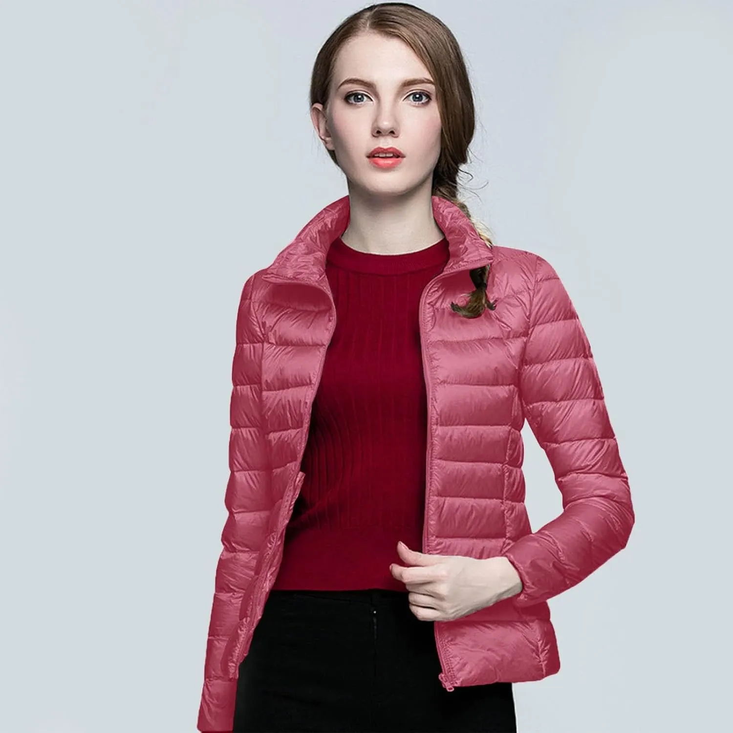 Women's Down Jackets & Parkas Packable Lightweight Warm Winter Quilted Jacket Stand Collar Slim Fit Cropped Puffer Jackets