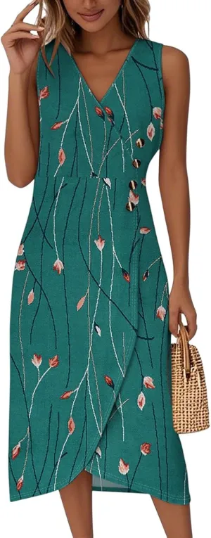 Womens Dresses Summer Wrap Midi Dresses for Women Puff Sleeve Summer Dresses Casual Loose Floor Length