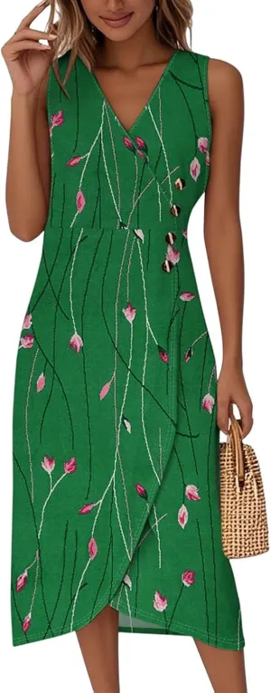 Womens Dresses Summer Wrap Midi Dresses for Women Puff Sleeve Summer Dresses Casual Loose Floor Length