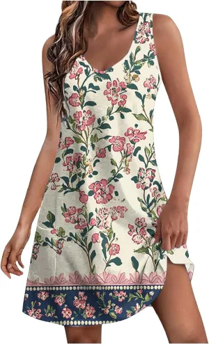 Womens Elegant Summer Dresses Casual Floral Printed V-Neck Tank Dress Loose Beach Vacation Flowy A-Line Sundresses