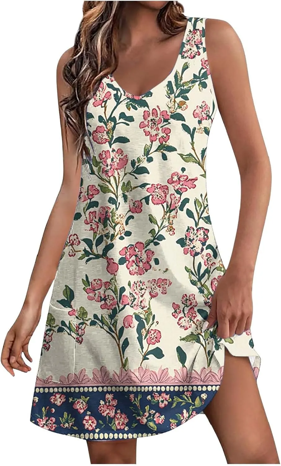 Womens Elegant Summer Dresses Casual Floral Printed V-Neck Tank Dress Loose Beach Vacation Flowy A-Line Sundresses