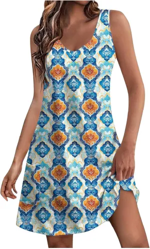 Womens Elegant Summer Dresses Casual Floral Printed V-Neck Tank Dress Loose Beach Vacation Flowy A-Line Sundresses