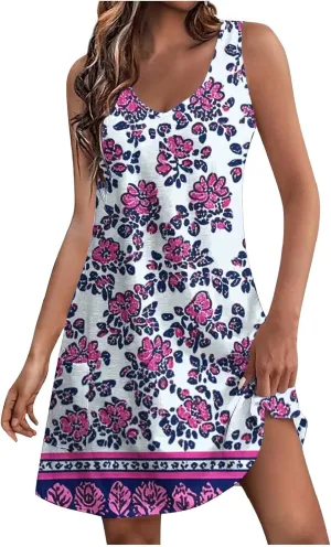 Womens Elegant Summer Dresses Casual Floral Printed V-Neck Tank Dress Loose Beach Vacation Flowy A-Line Sundresses