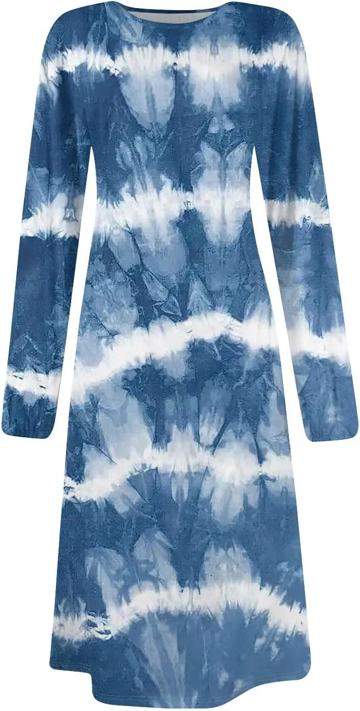 Women's Fashion Casual Print Round Neck Long Sleeve Midi Fashion Dress