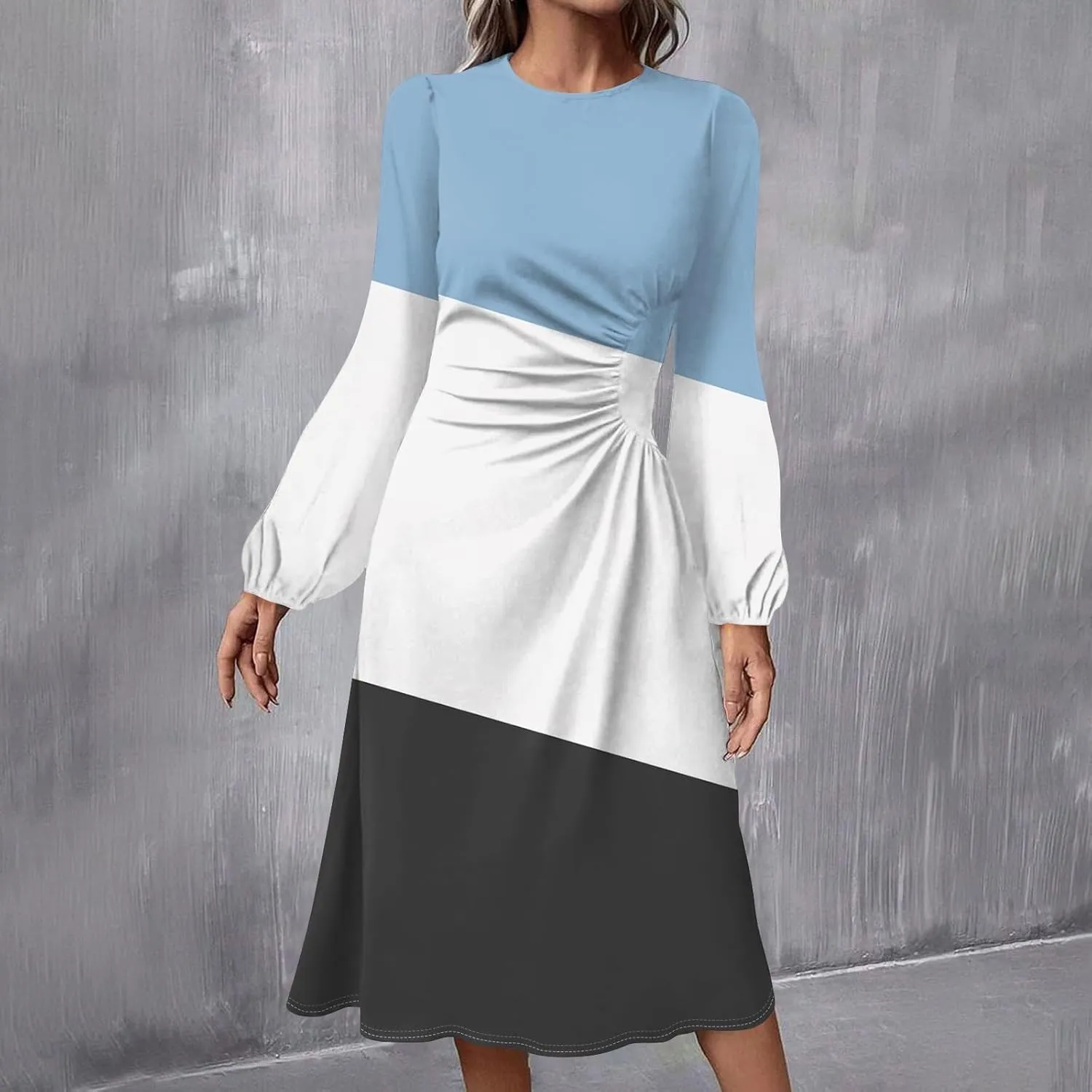 Women's Fashion Casual Print Round Neck Long Sleeve Midi Fashion Dress