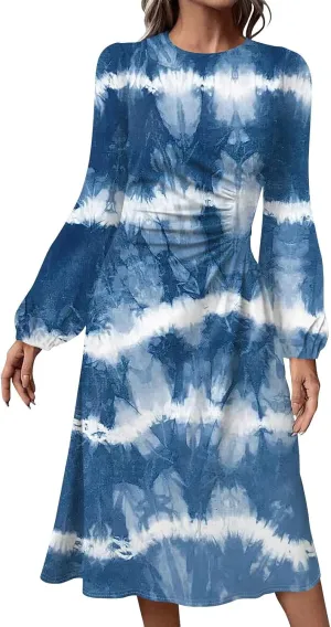 Women's Fashion Casual Print Round Neck Long Sleeve Midi Fashion Dress