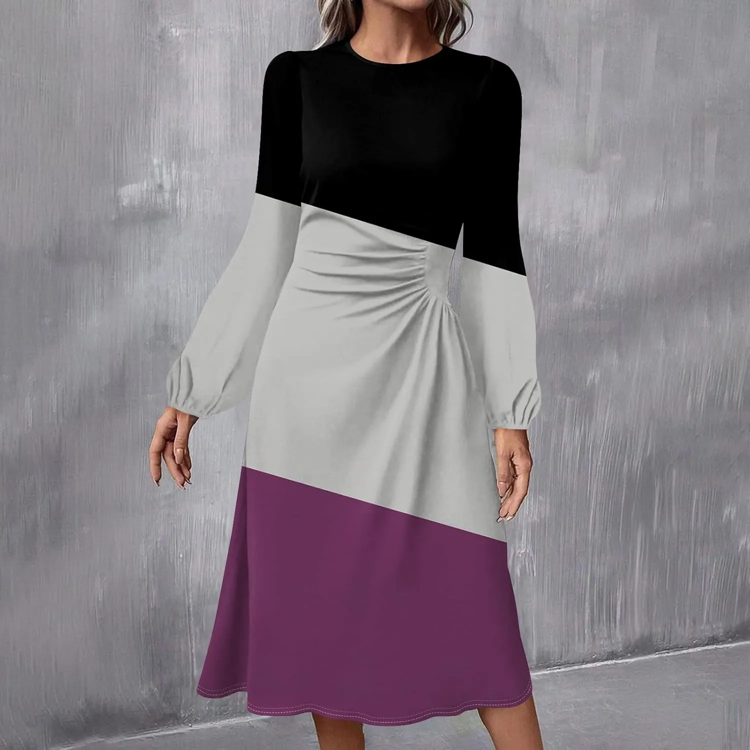 Women's Fashion Casual Print Round Neck Long Sleeve Midi Fashion Dress