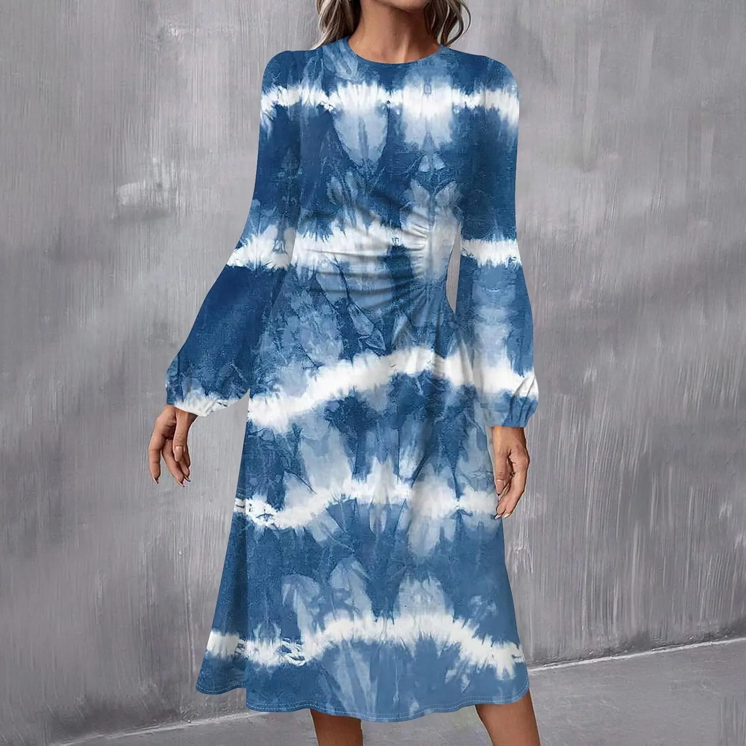 Women's Fashion Casual Print Round Neck Long Sleeve Midi Fashion Dress