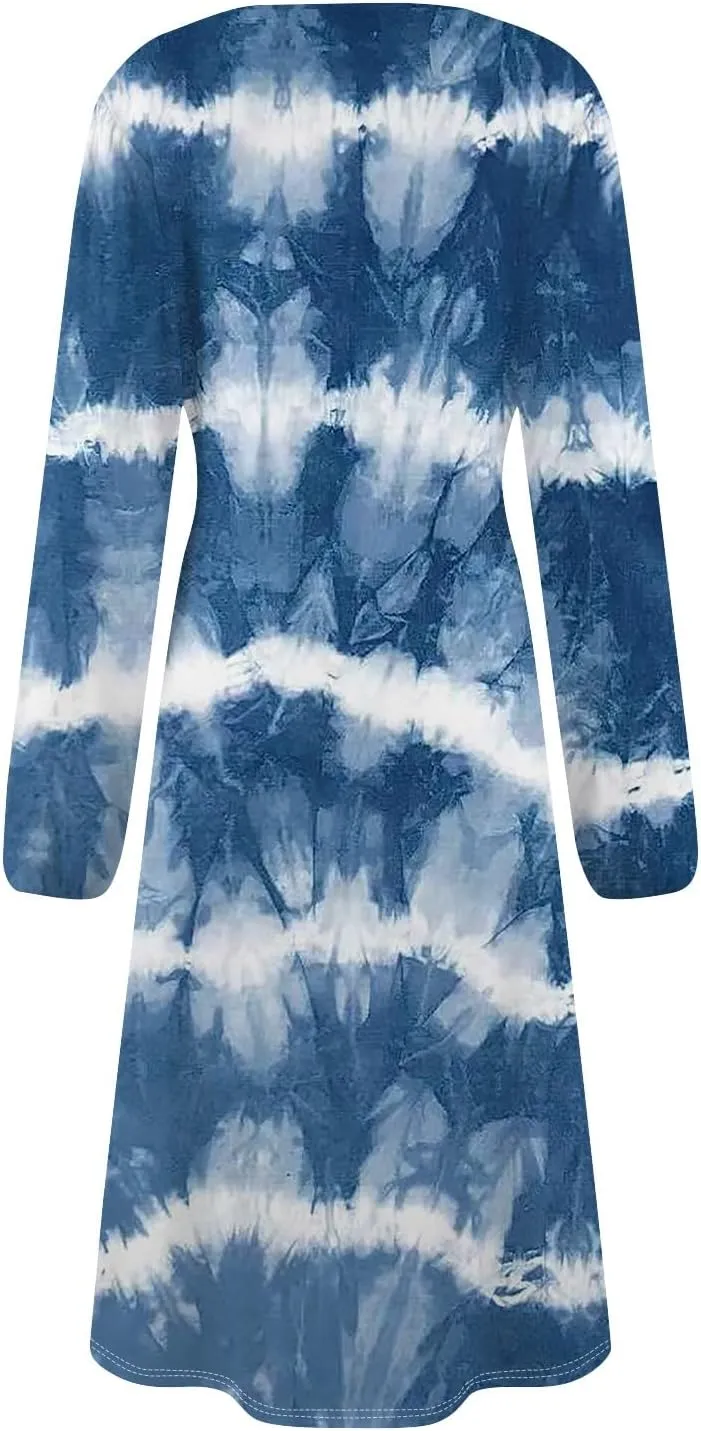 Women's Fashion Casual Print Round Neck Long Sleeve Midi Fashion Dress