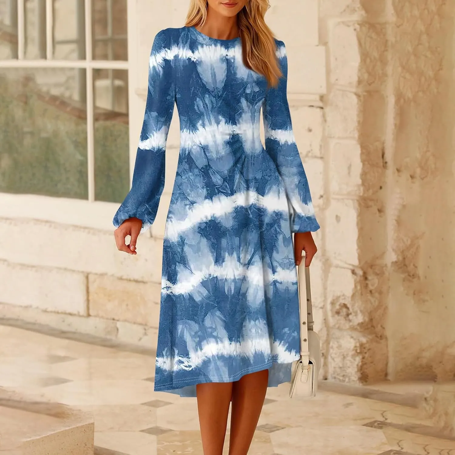 Women's Fashion Casual Print Round Neck Long Sleeve Midi Fashion Dress