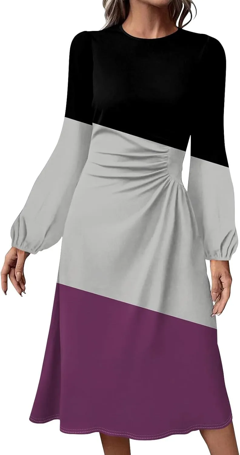 Women's Fashion Casual Print Round Neck Long Sleeve Midi Fashion Dress