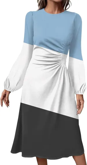 Women's Fashion Casual Print Round Neck Long Sleeve Midi Fashion Dress