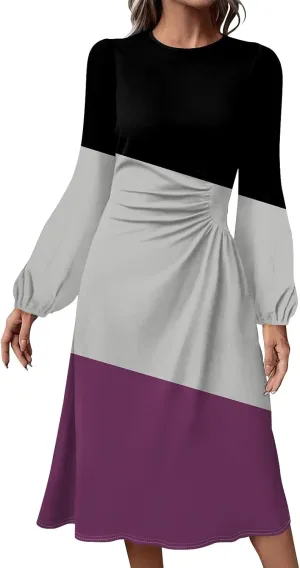 Women's Fashion Casual Print Round Neck Long Sleeve Midi Fashion Dress