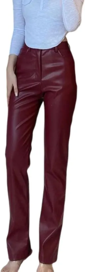 Women's Faux Leather Pants High Waisted Straight Leg PU Trousers Soft Relaxed Fit Leather Pants with Pockets