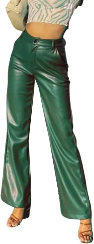Women's Faux Leather Pants High Waisted Straight Leg PU Trousers Soft Relaxed Fit Leather Pants with Pockets