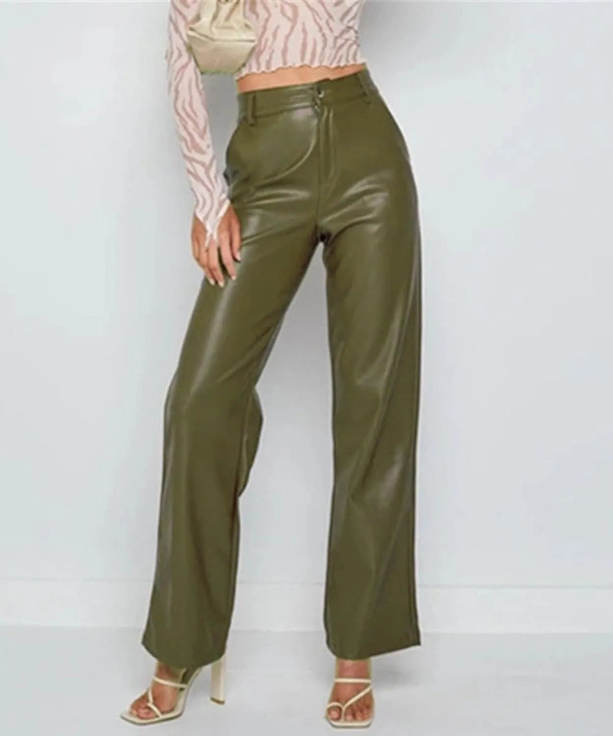 Women's Faux Leather Pants High Waisted Straight Leg PU Trousers Soft Relaxed Fit Leather Pants with Pockets