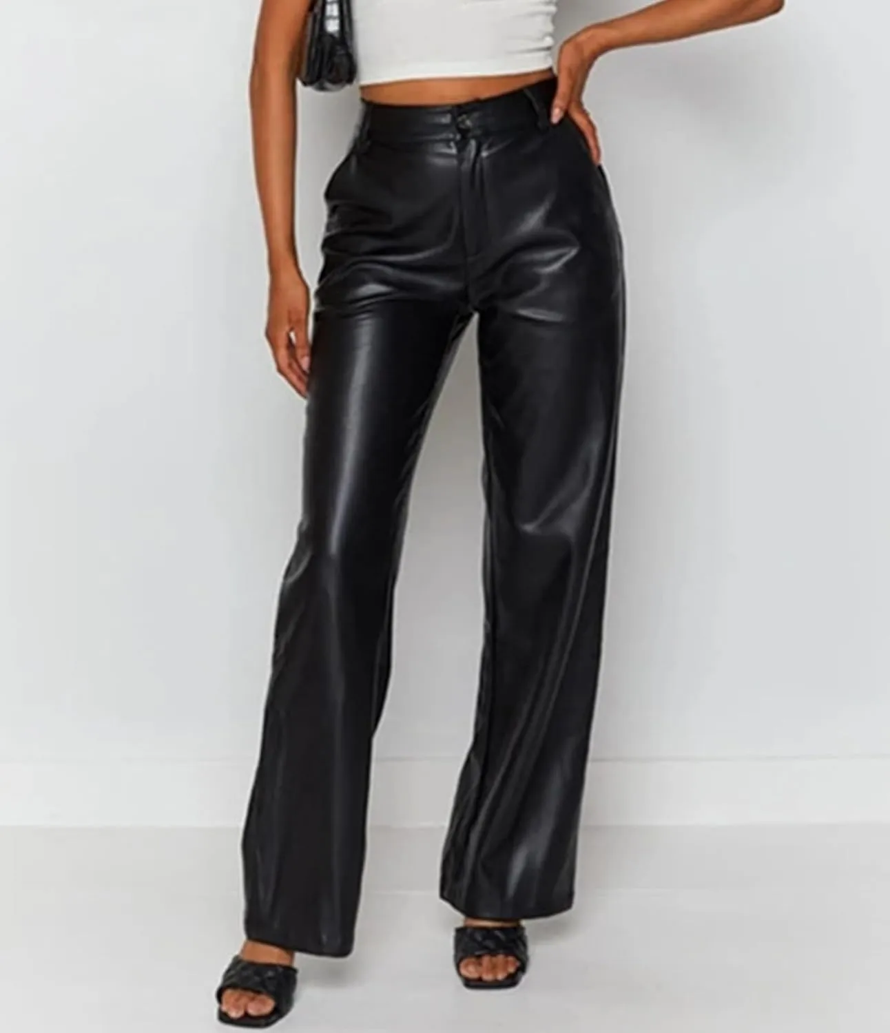 Women's Faux Leather Pants High Waisted Straight Leg PU Trousers Soft Relaxed Fit Leather Pants with Pockets