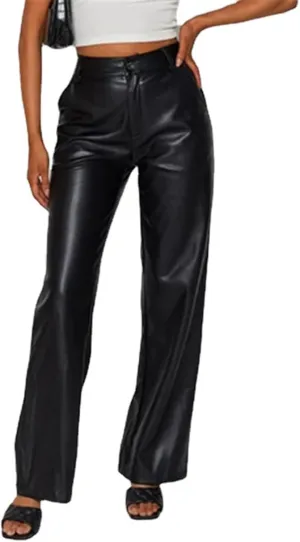 Women's Faux Leather Pants High Waisted Straight Leg PU Trousers Soft Relaxed Fit Leather Pants with Pockets