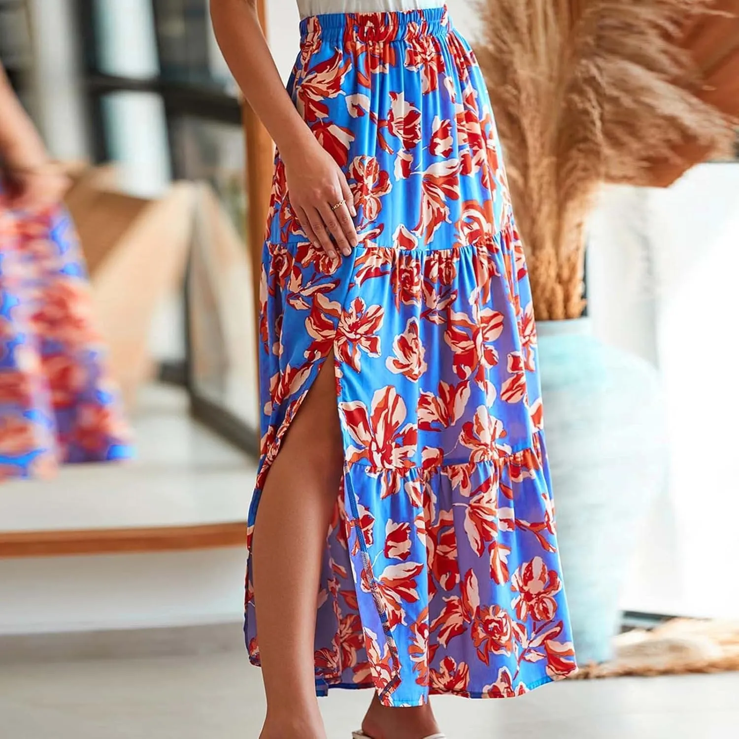 Women's Floral Long Skirts Split Summer Skirts Elastic Waist Flowy Maxi Skirt A Line Beach Skirts Boho Casual Skirts