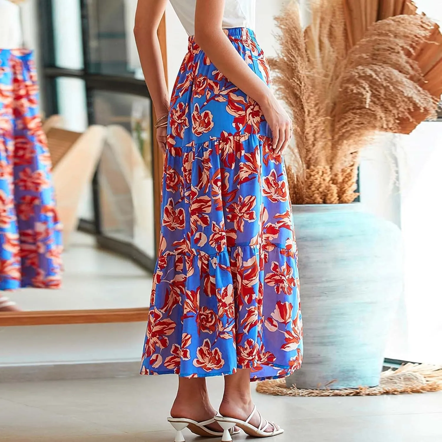 Women's Floral Long Skirts Split Summer Skirts Elastic Waist Flowy Maxi Skirt A Line Beach Skirts Boho Casual Skirts