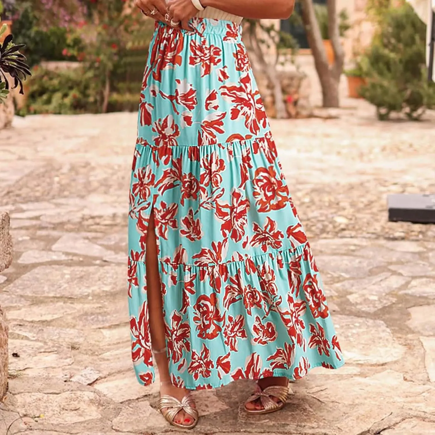 Women's Floral Long Skirts Split Summer Skirts Elastic Waist Flowy Maxi Skirt A Line Beach Skirts Boho Casual Skirts