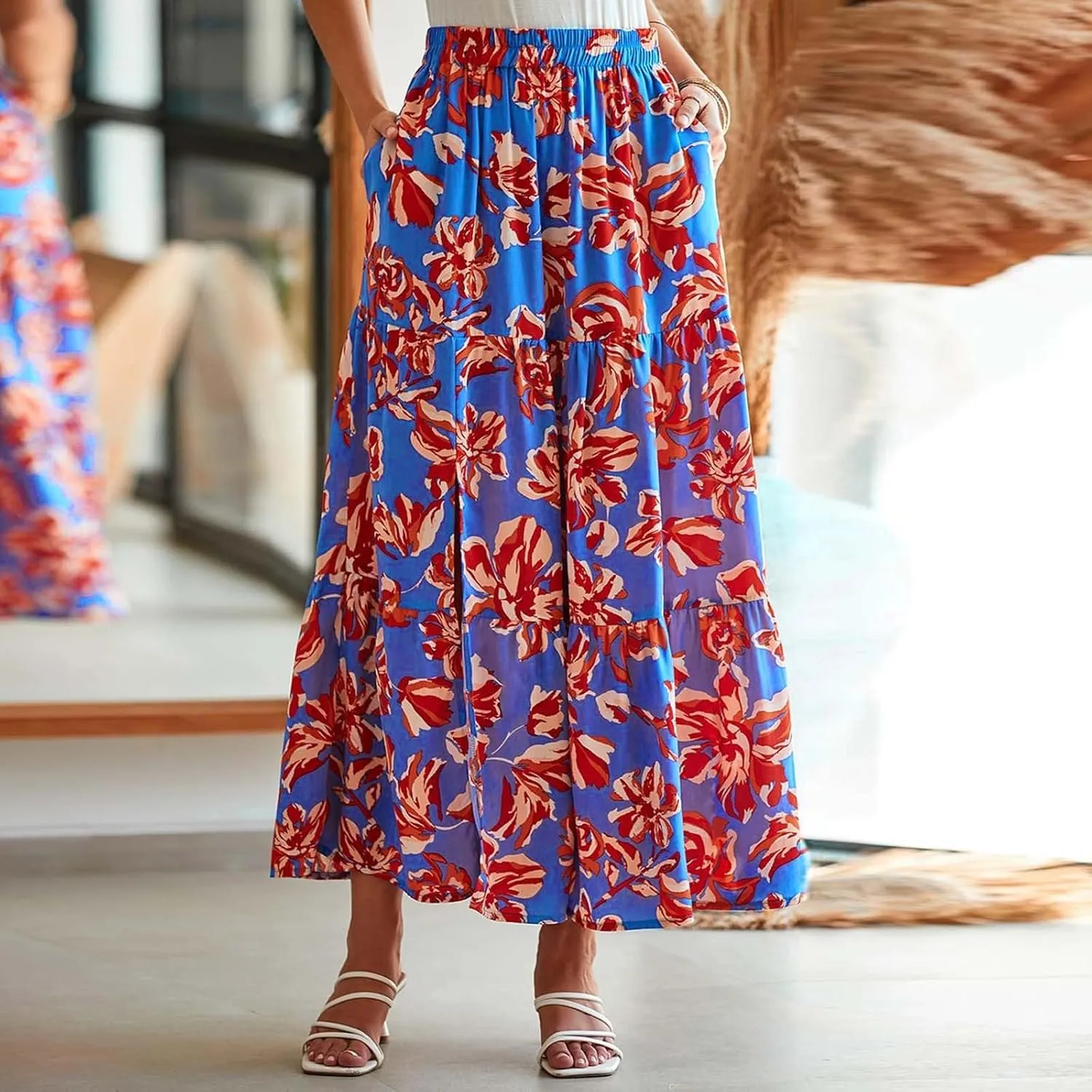 Women's Floral Long Skirts Split Summer Skirts Elastic Waist Flowy Maxi Skirt A Line Beach Skirts Boho Casual Skirts