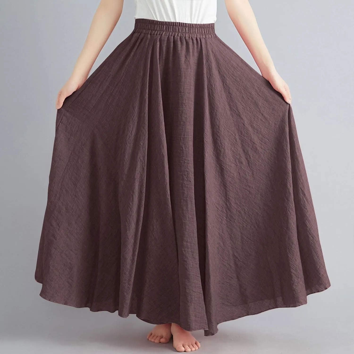 Women's Flowy Linen Maxi Skirt Summer Pleated High Waisted Casual Long Skirts Solid A-Line Beach Skirt for Going Out