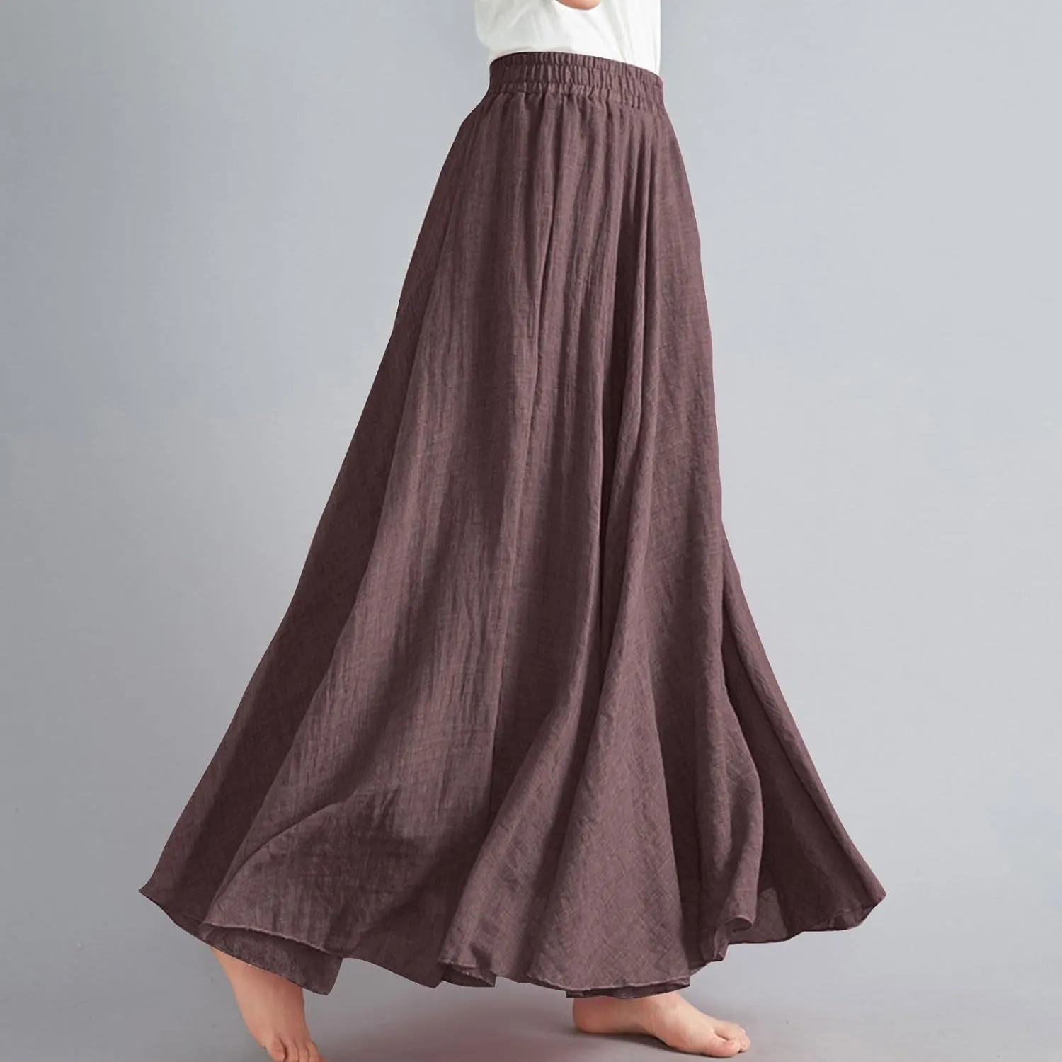 Women's Flowy Linen Maxi Skirt Summer Pleated High Waisted Casual Long Skirts Solid A-Line Beach Skirt for Going Out