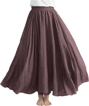 Women's Flowy Linen Maxi Skirt Summer Pleated High Waisted Casual Long Skirts Solid A-Line Beach Skirt for Going Out