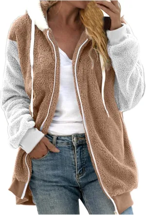 Womens Fuzzy Fleece Jacket Winter Warm Hooded Color Block Patchwork Coats Full Zip Sherpa Outerwear with Pockets