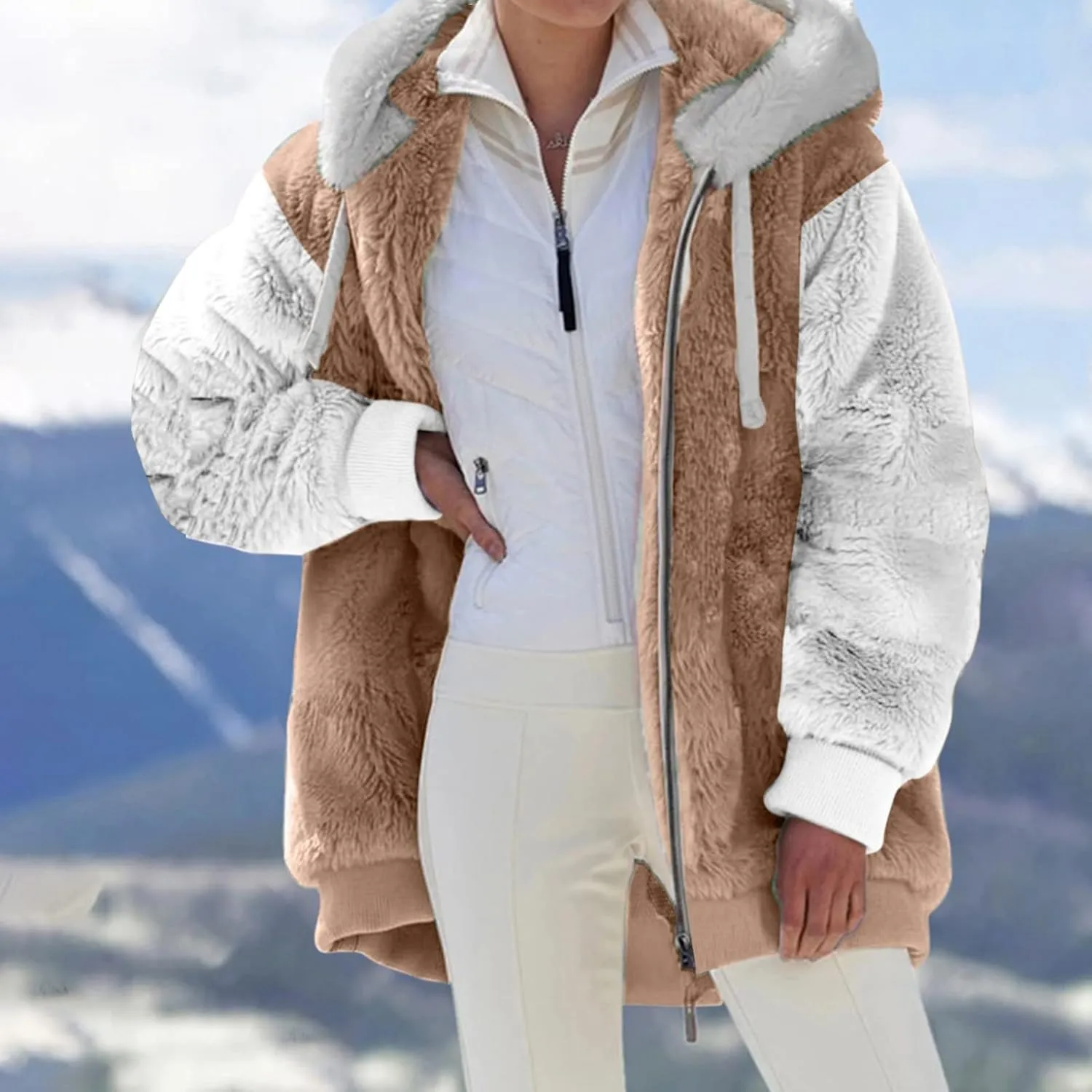 Womens Fuzzy Fleece Jacket Winter Warm Hooded Color Block Patchwork Coats Full Zip Sherpa Outerwear with Pockets