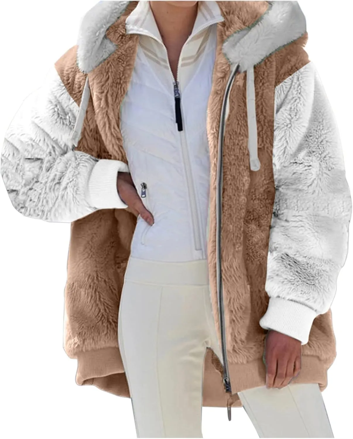 Womens Fuzzy Fleece Jacket Winter Warm Hooded Color Block Patchwork Coats Full Zip Sherpa Outerwear with Pockets