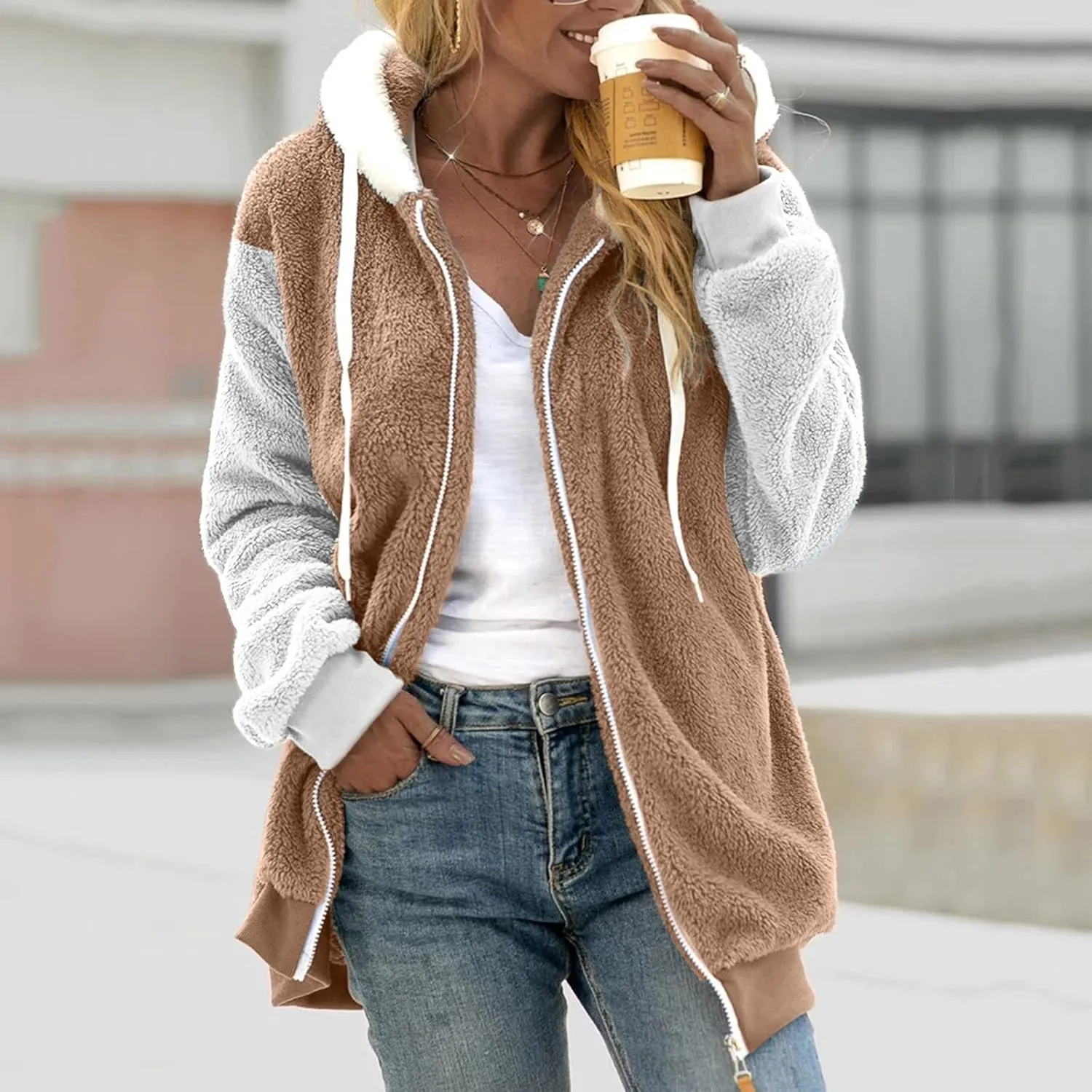 Womens Fuzzy Fleece Jacket Winter Warm Hooded Color Block Patchwork Coats Full Zip Sherpa Outerwear with Pockets