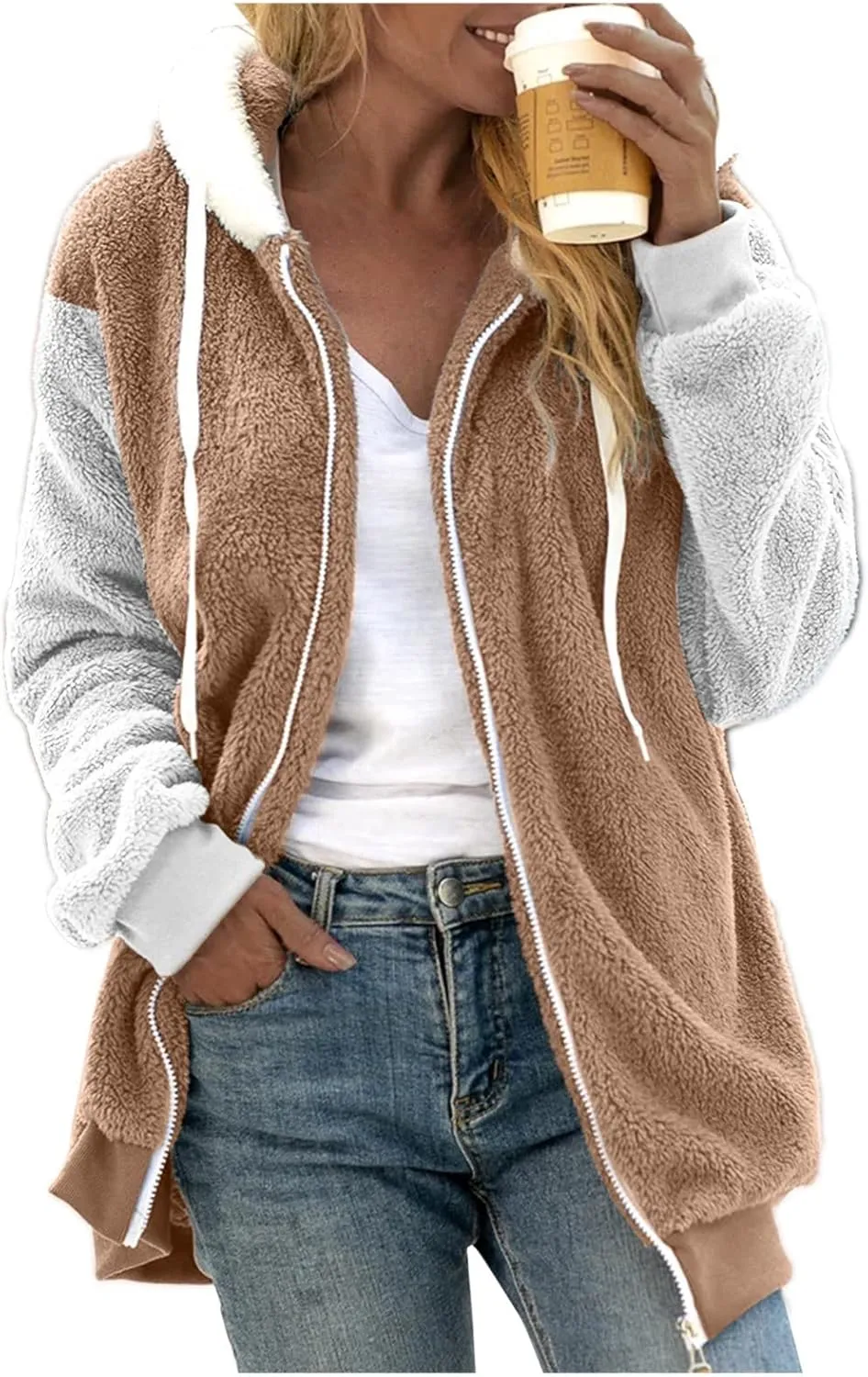 Womens Fuzzy Fleece Jacket Winter Warm Hooded Color Block Patchwork Coats Full Zip Sherpa Outerwear with Pockets